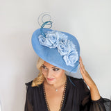 Light cornflower blue large teardrop rose flower fascinator hat