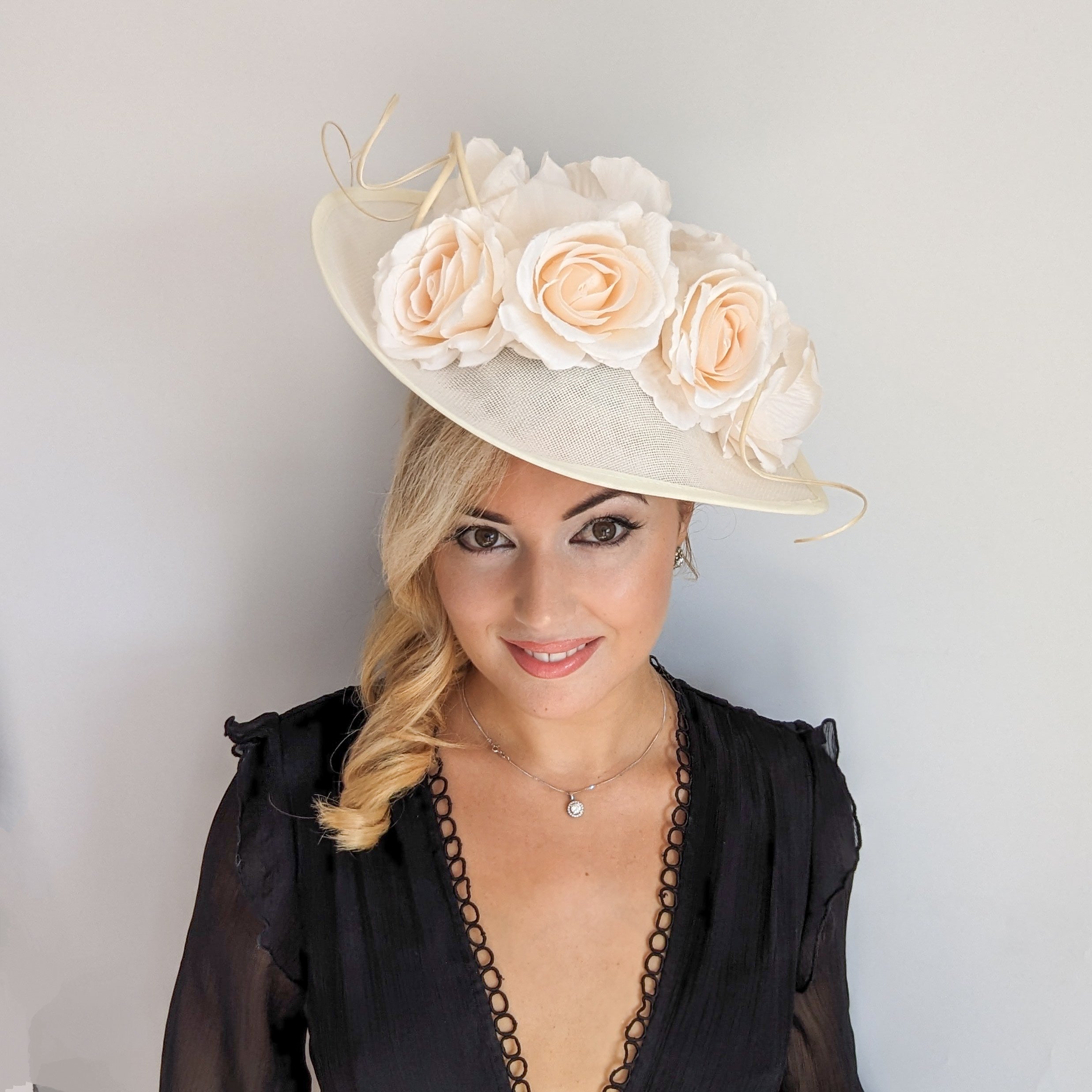 Cream large teardrop rose flower fascinator hat