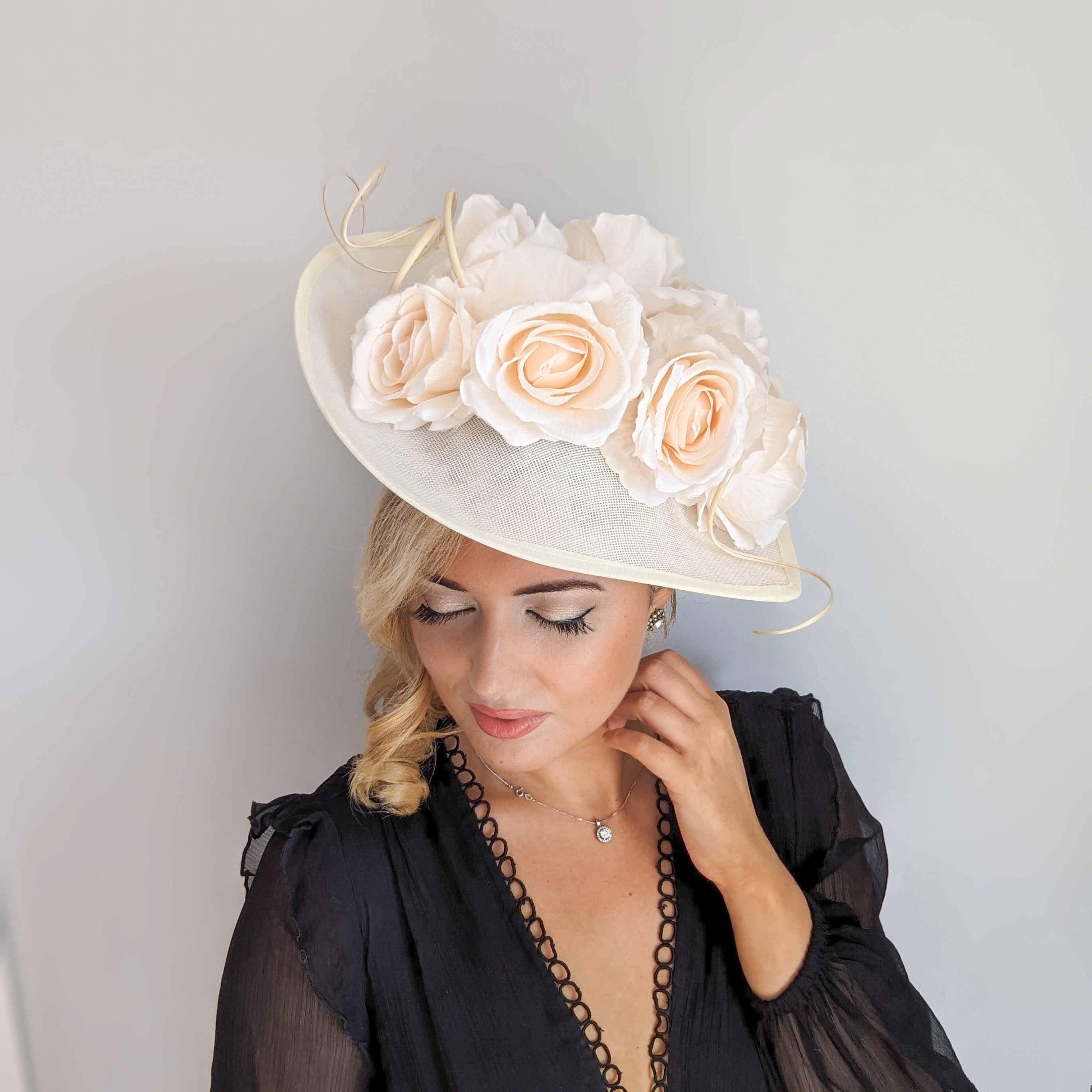 Cream large teardrop rose flower fascinator hat