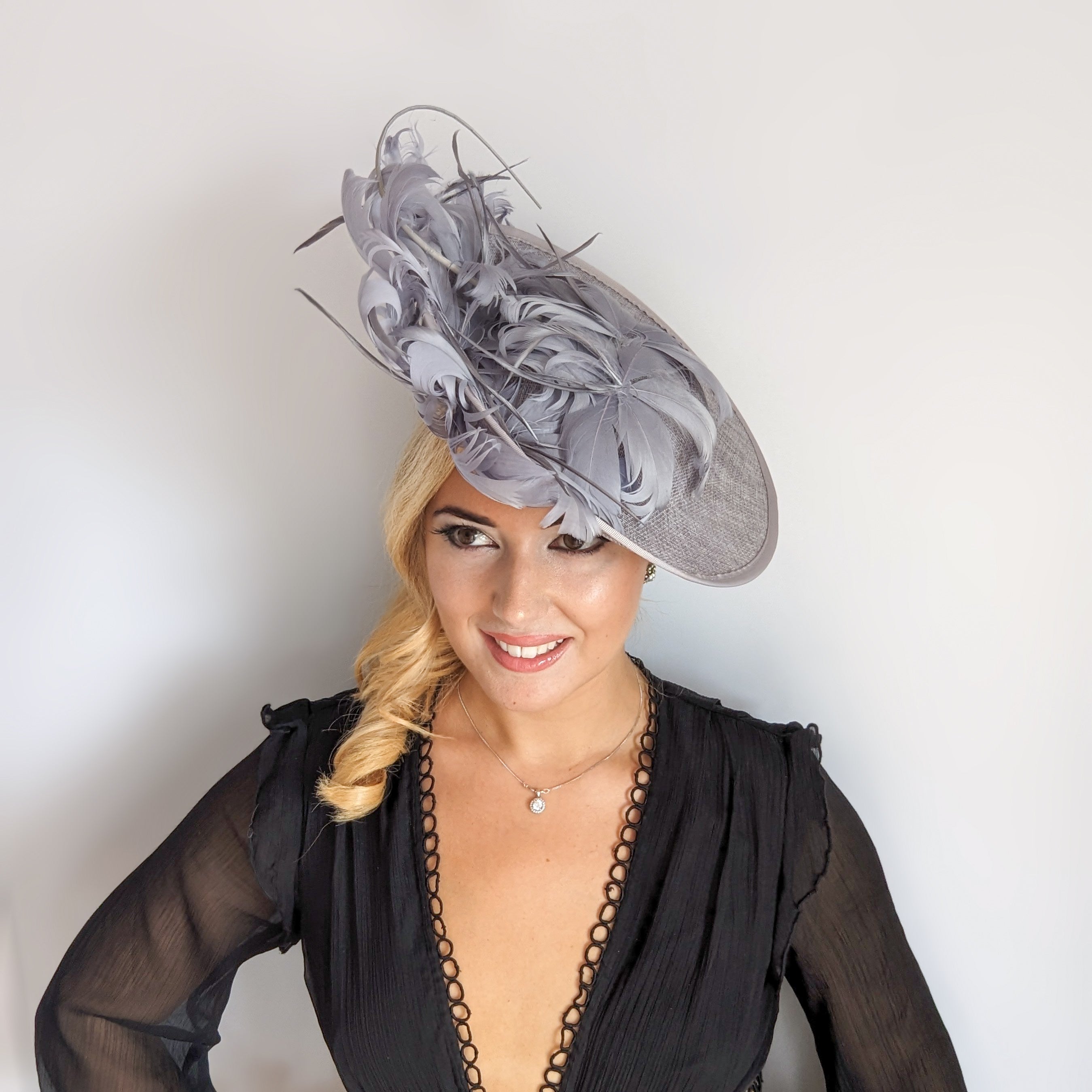 Grey feather large saucer disc fascinator hat