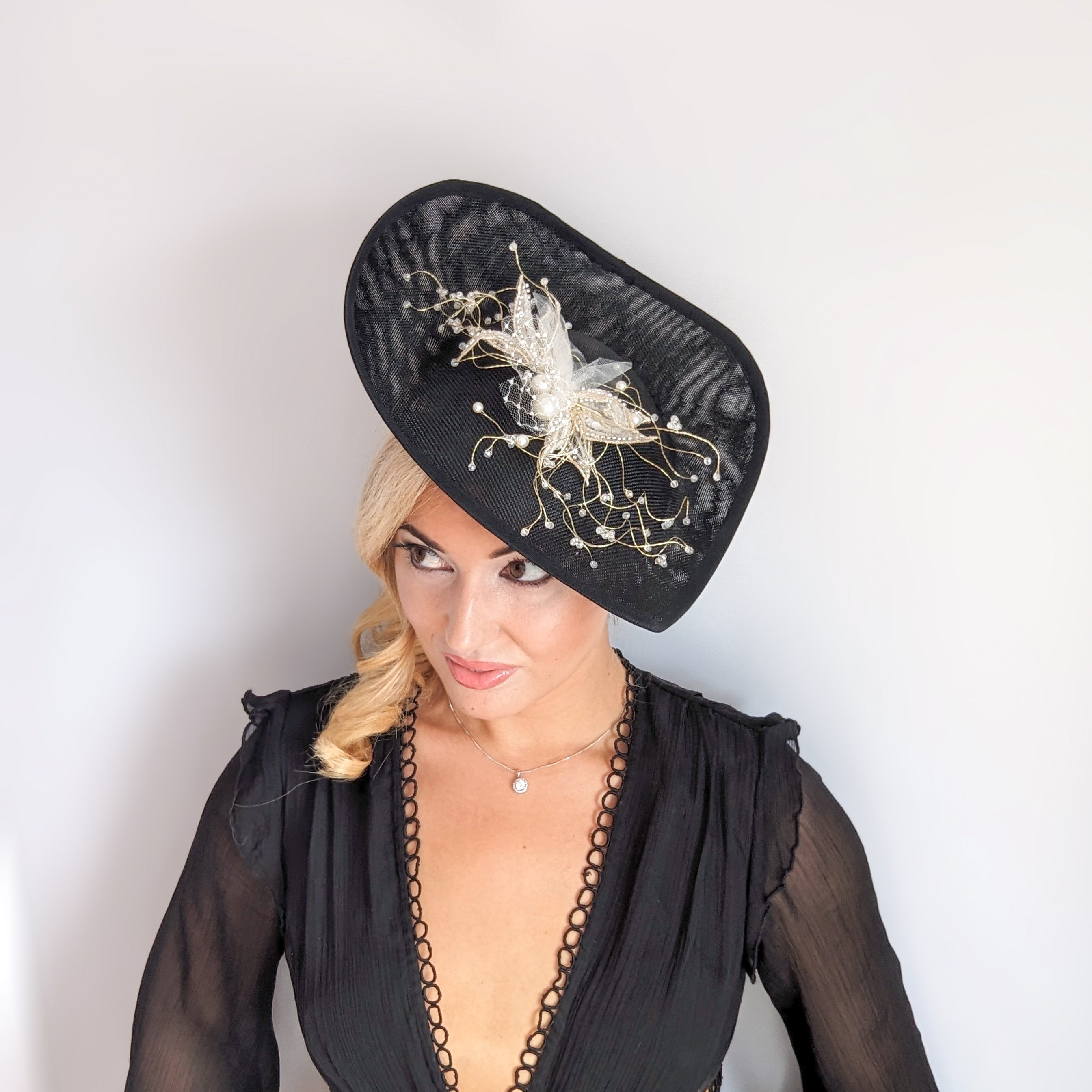 Black large teardrop crystal fascinator hat