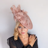 Blush pink large feather saucer disc fascinator hat