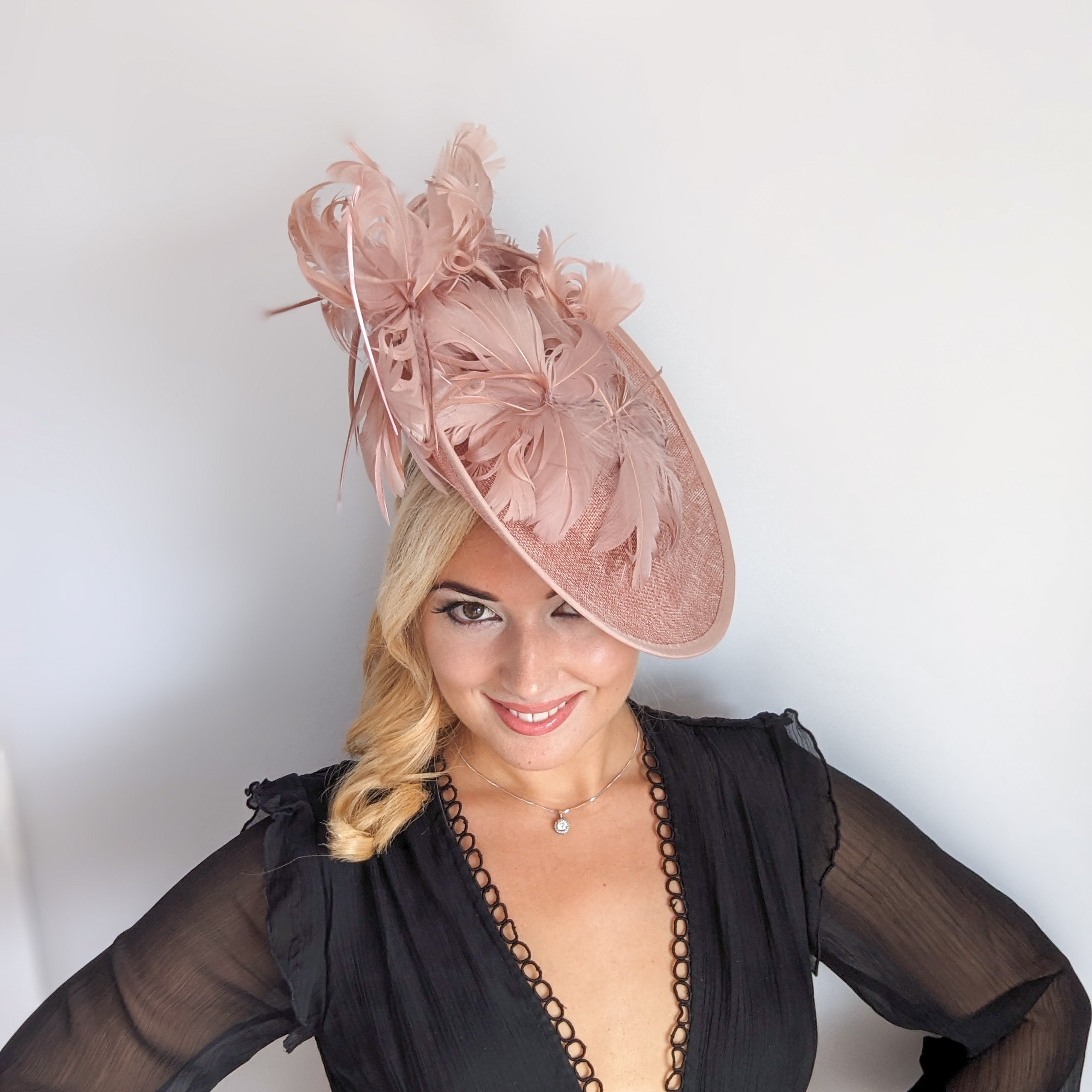 Blush pink large feather saucer disc fascinator hat