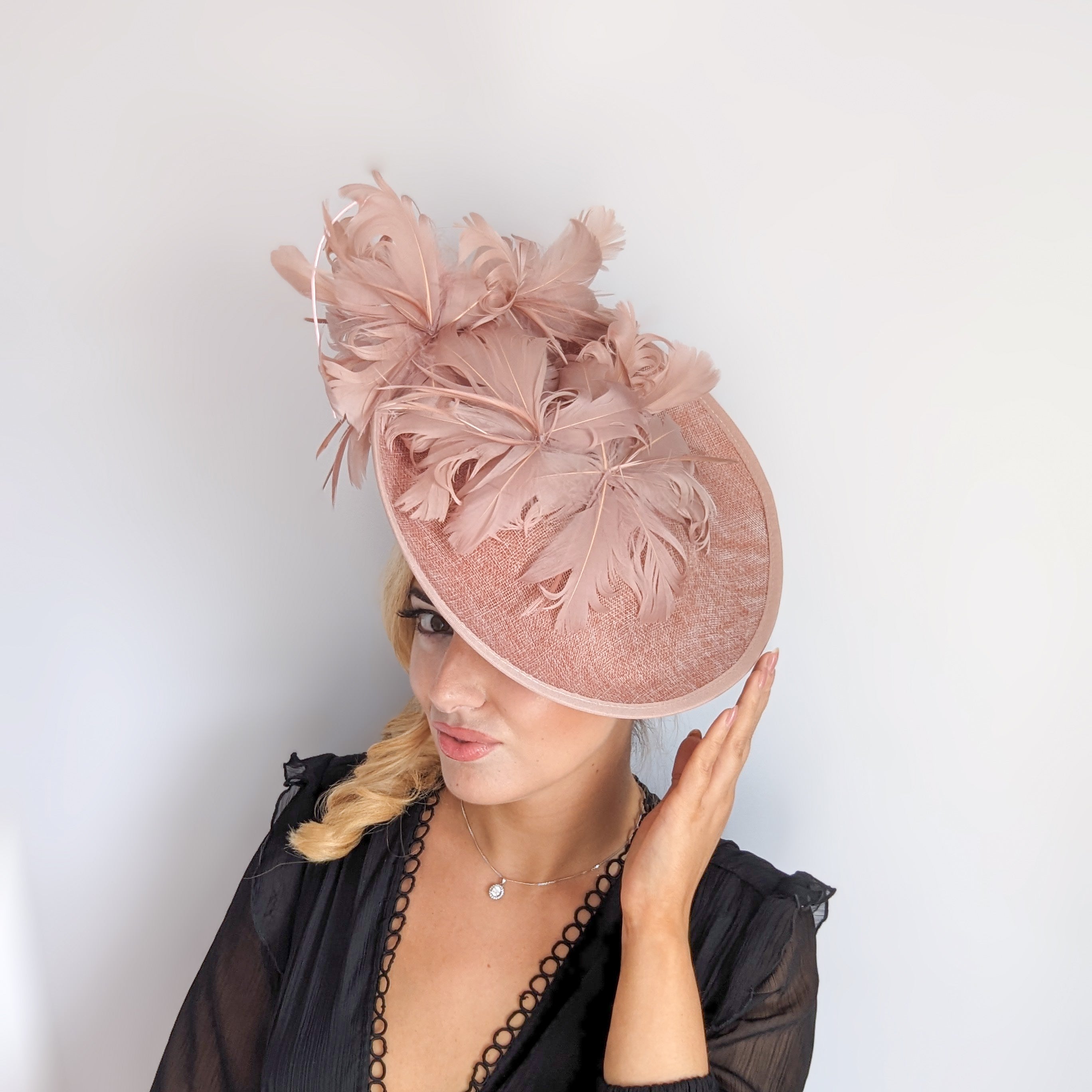 Blush pink large feather saucer disc fascinator hat