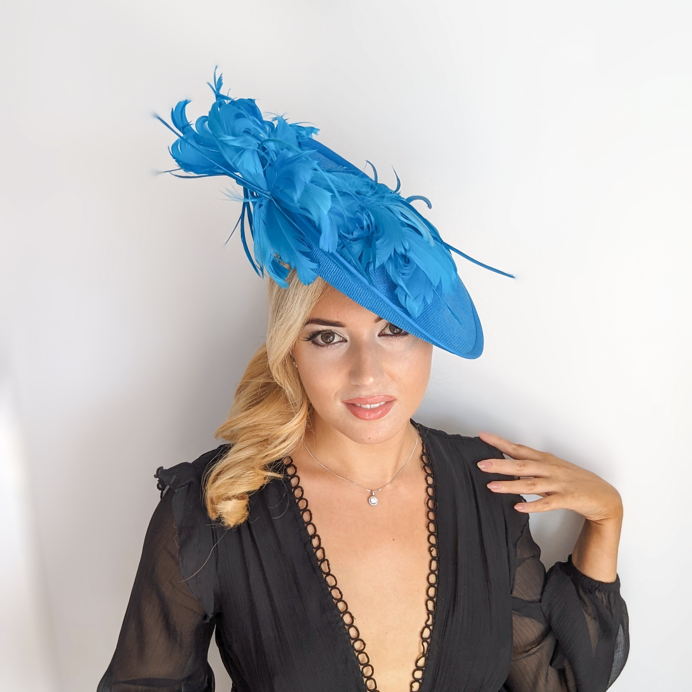 Sea blue large feather saucer disc fascinator hat