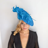 Sea blue large feather saucer disc fascinator hat