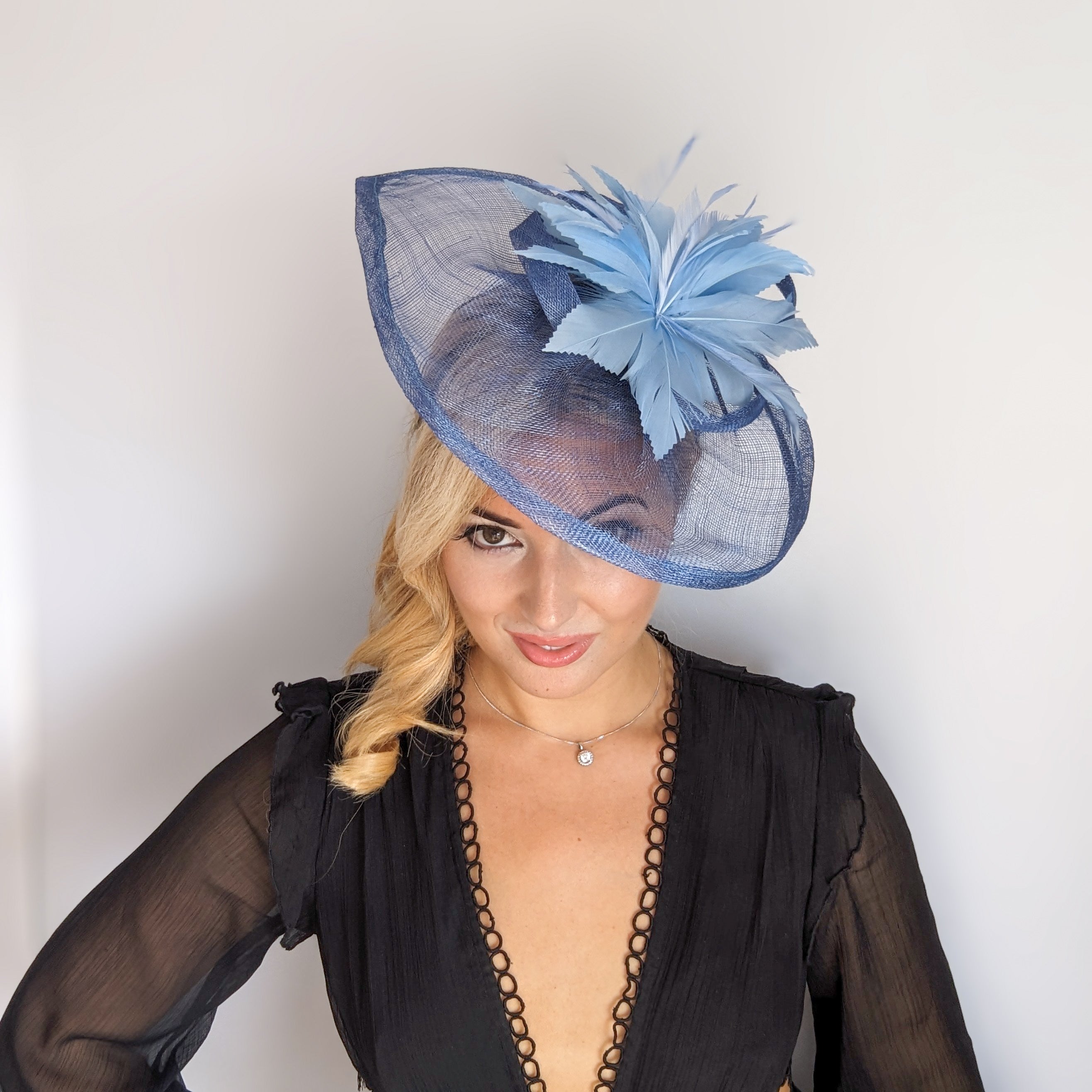 Cornflower blue feather large teardrop fascinator hat