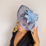 Cornflower blue feather large teardrop fascinator hat