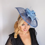 Cornflower blue feather large teardrop fascinator hat