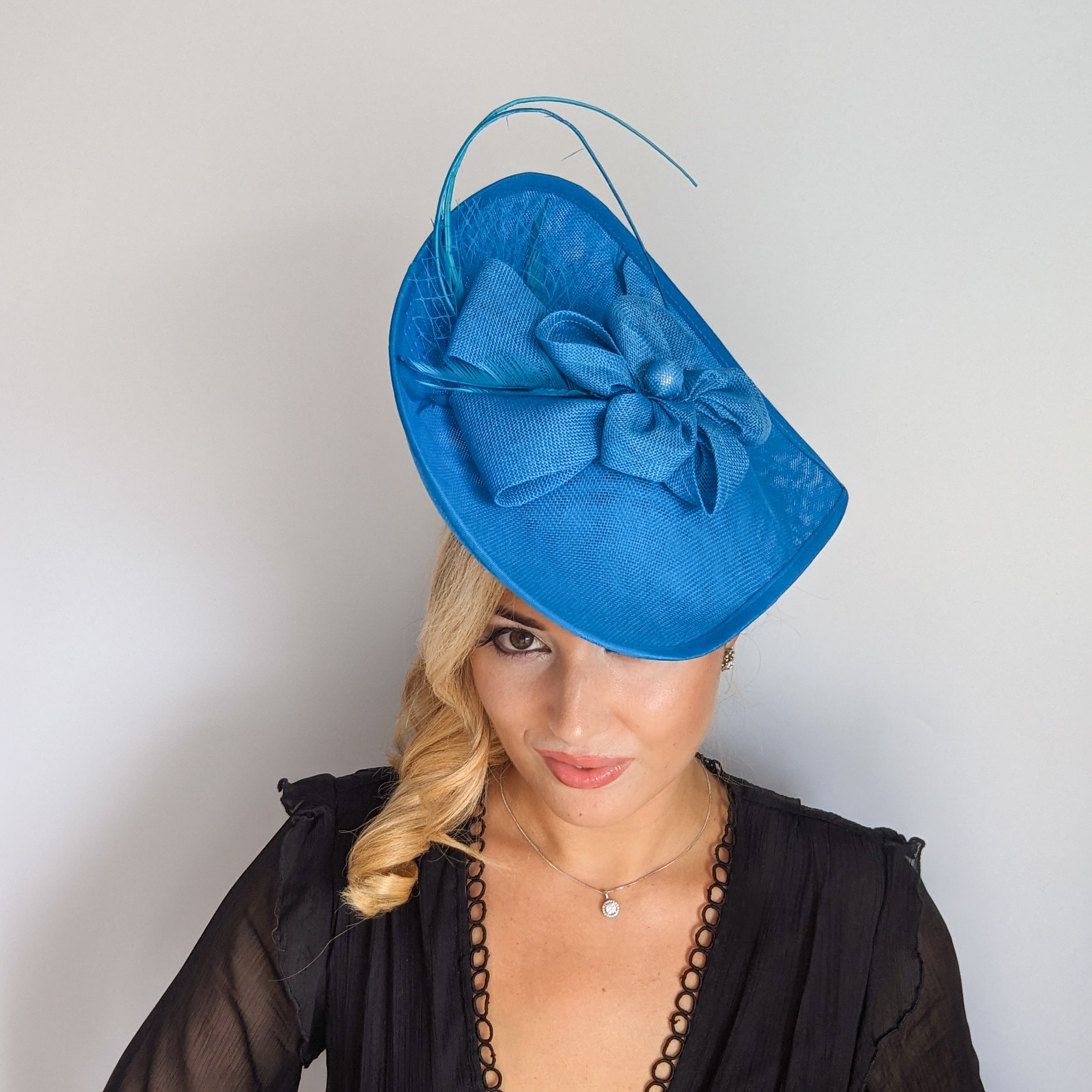 Sea blue large teardrop flower feather fascinator hat