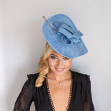 Light cornflower blue large teardrop flower feather fascinator hat