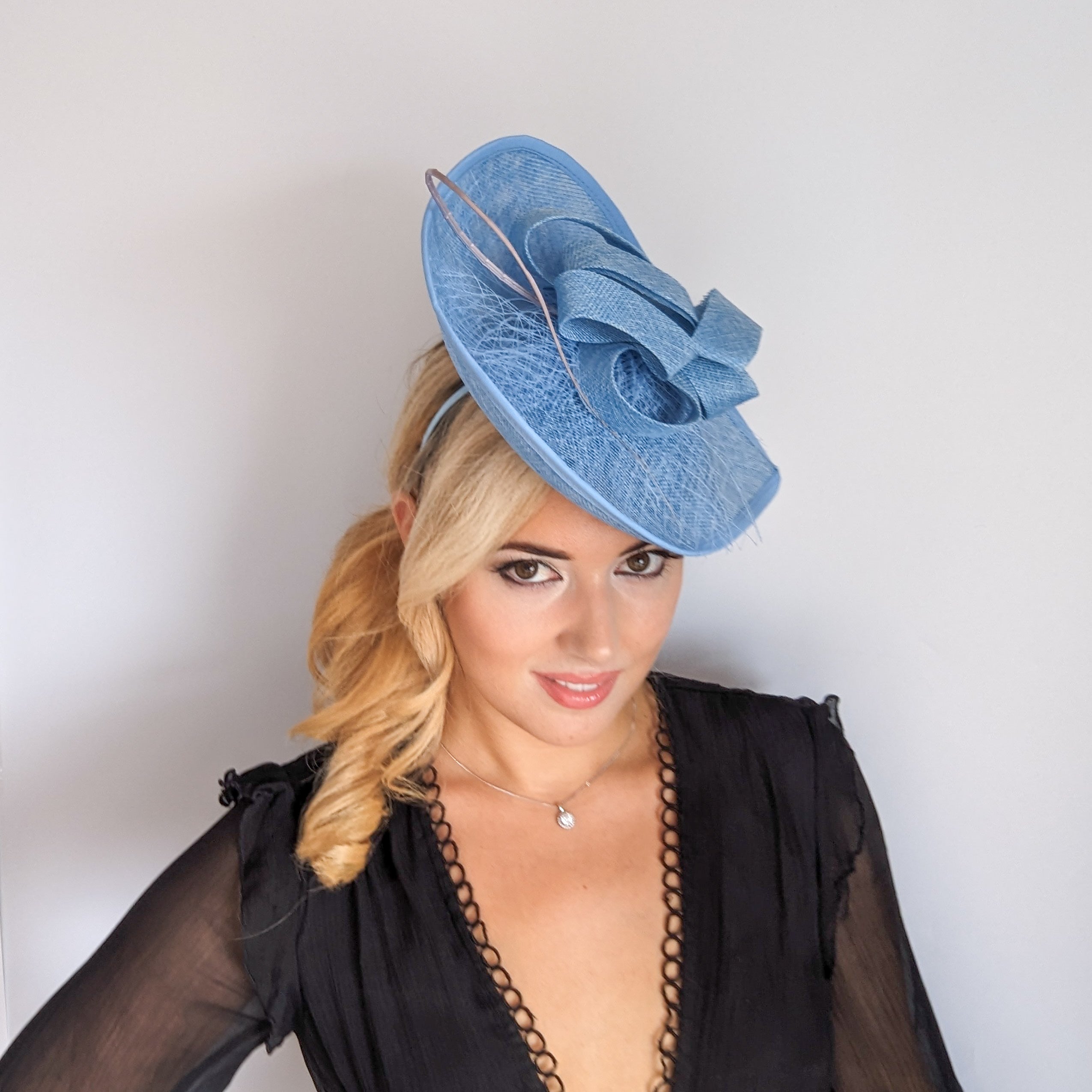 Light cornflower blue large teardrop flower feather fascinator hat