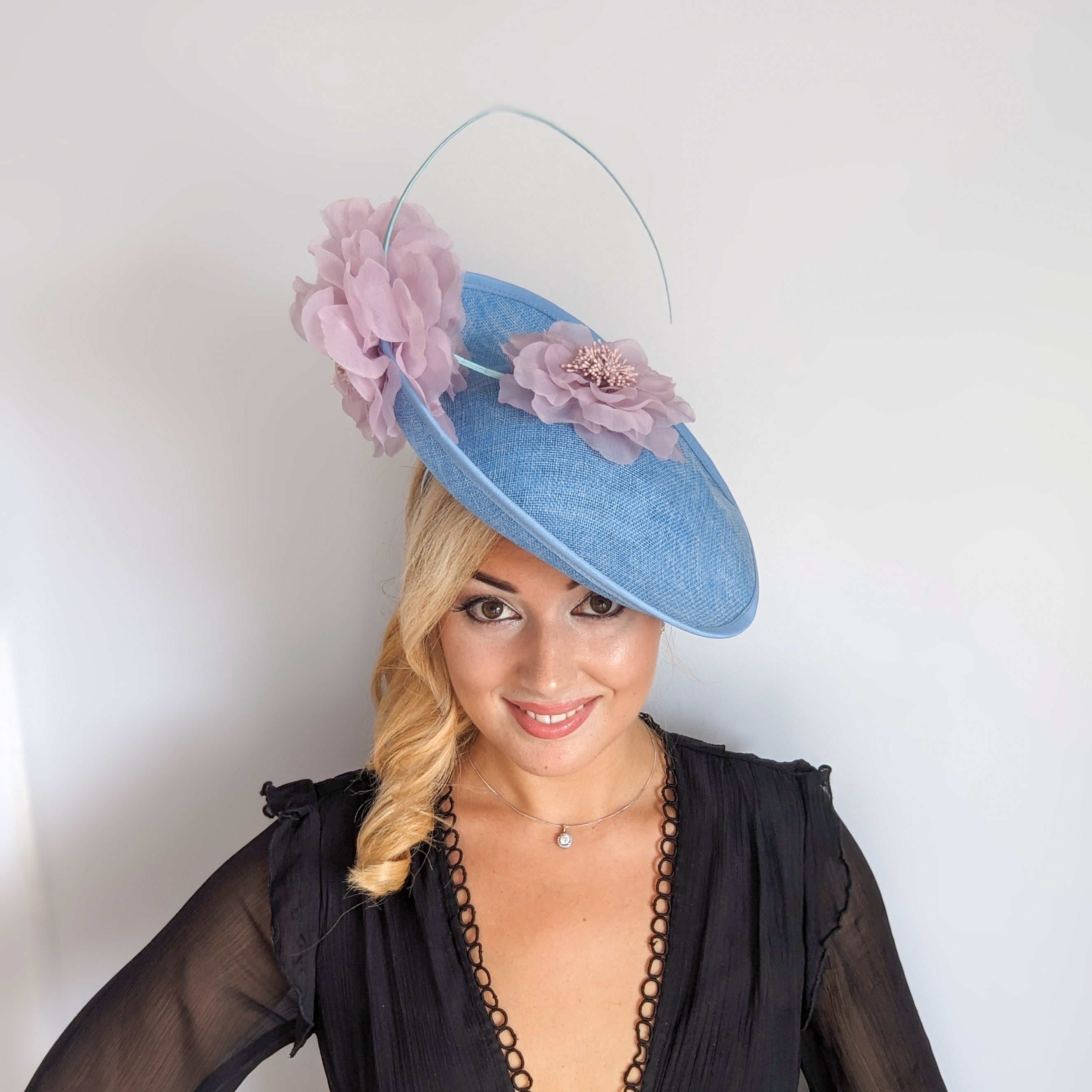 Light cornflower blue and pink large flower saucer disc fascinator hat