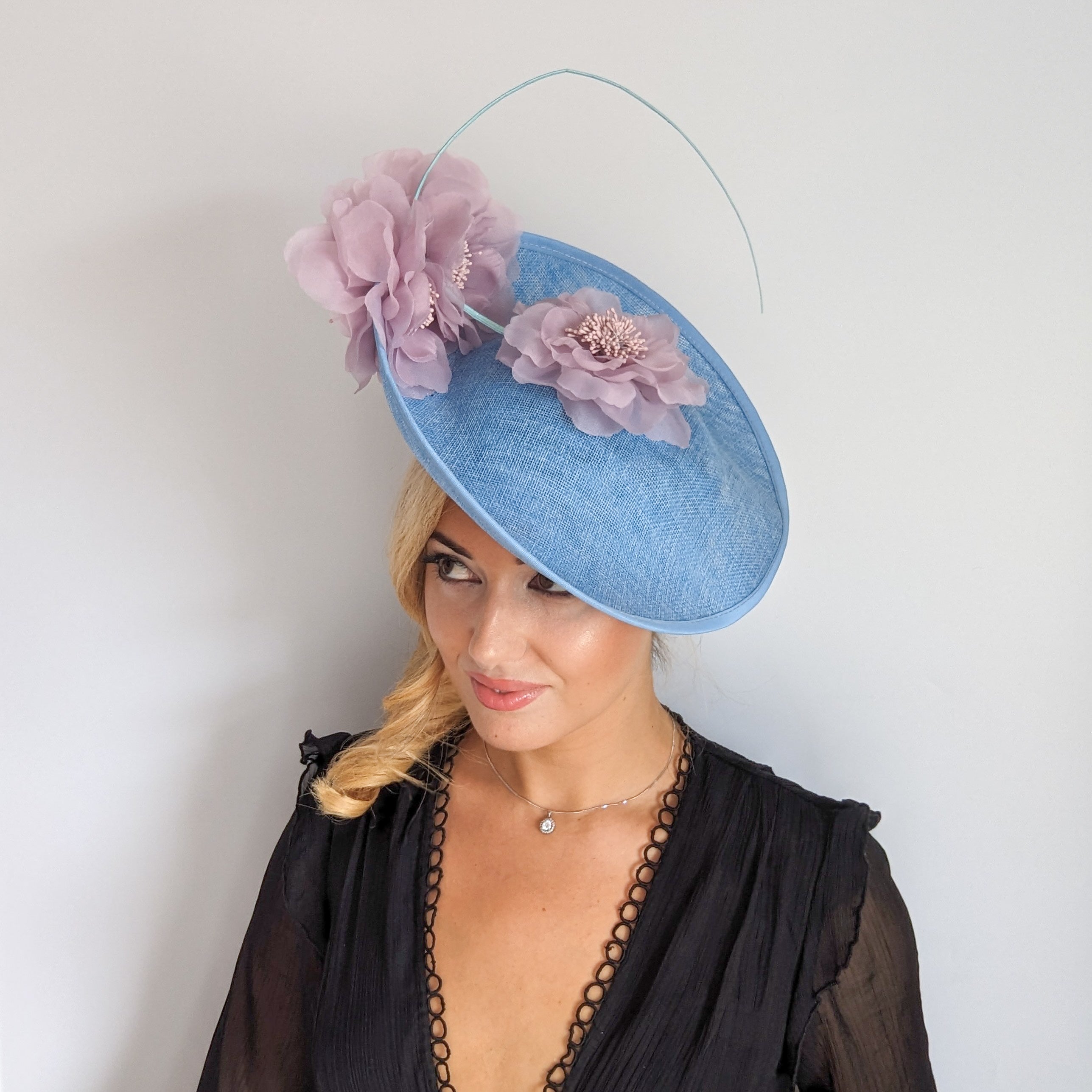 Light cornflower blue and pink large flower saucer disc fascinator hat