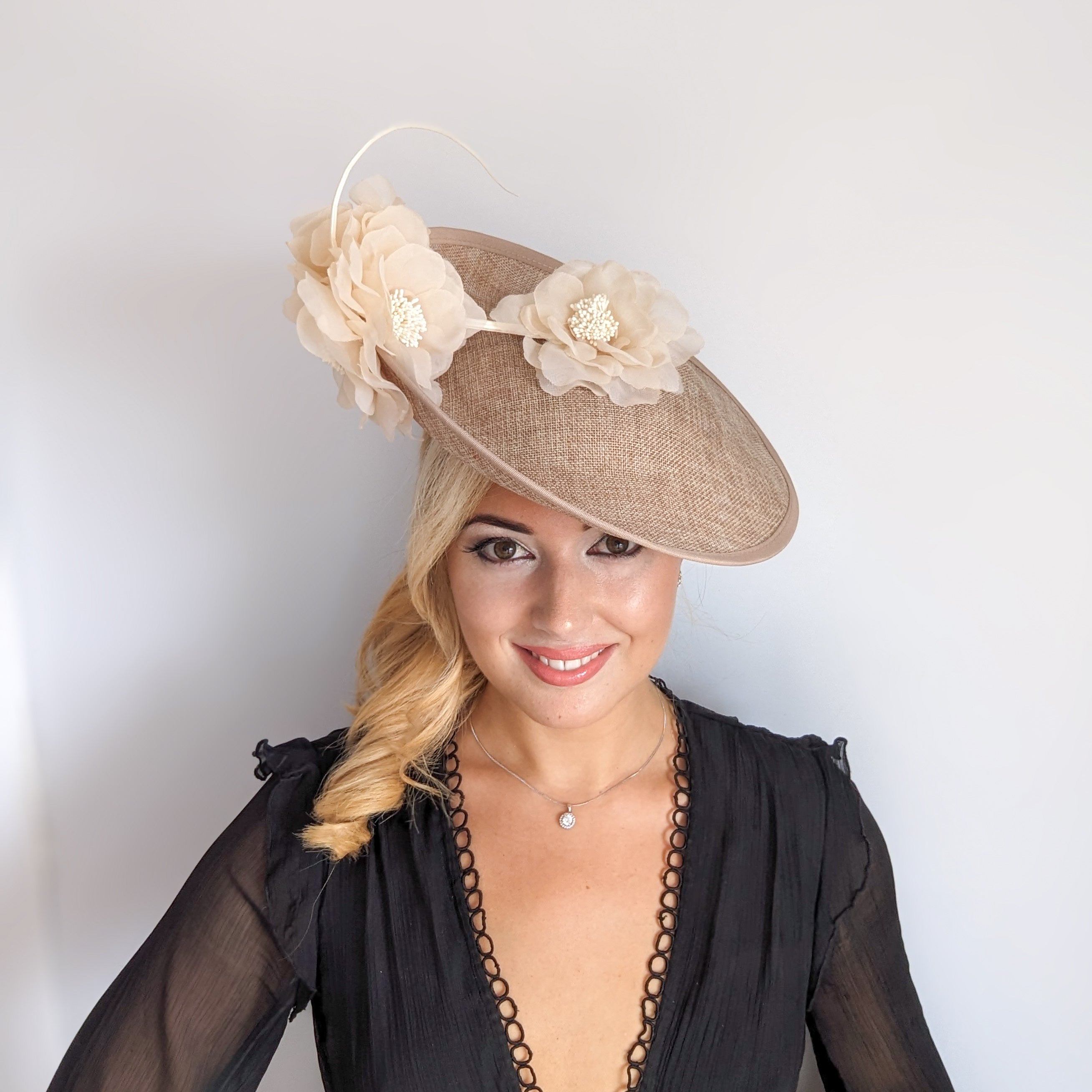 Beige large flower saucer disc fascinator hat