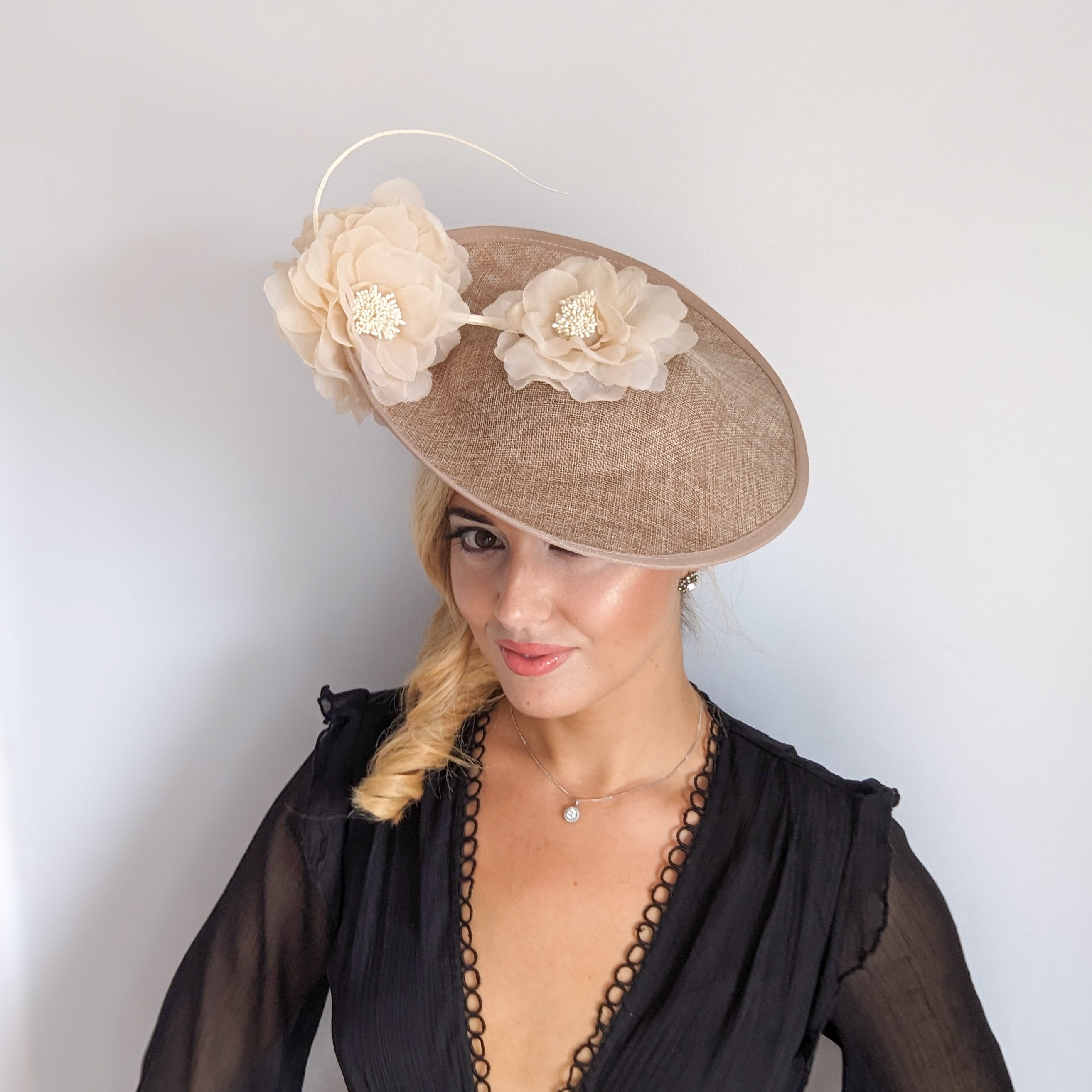 Beige large flower saucer disc fascinator hat