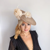 Beige large flower saucer disc fascinator hat