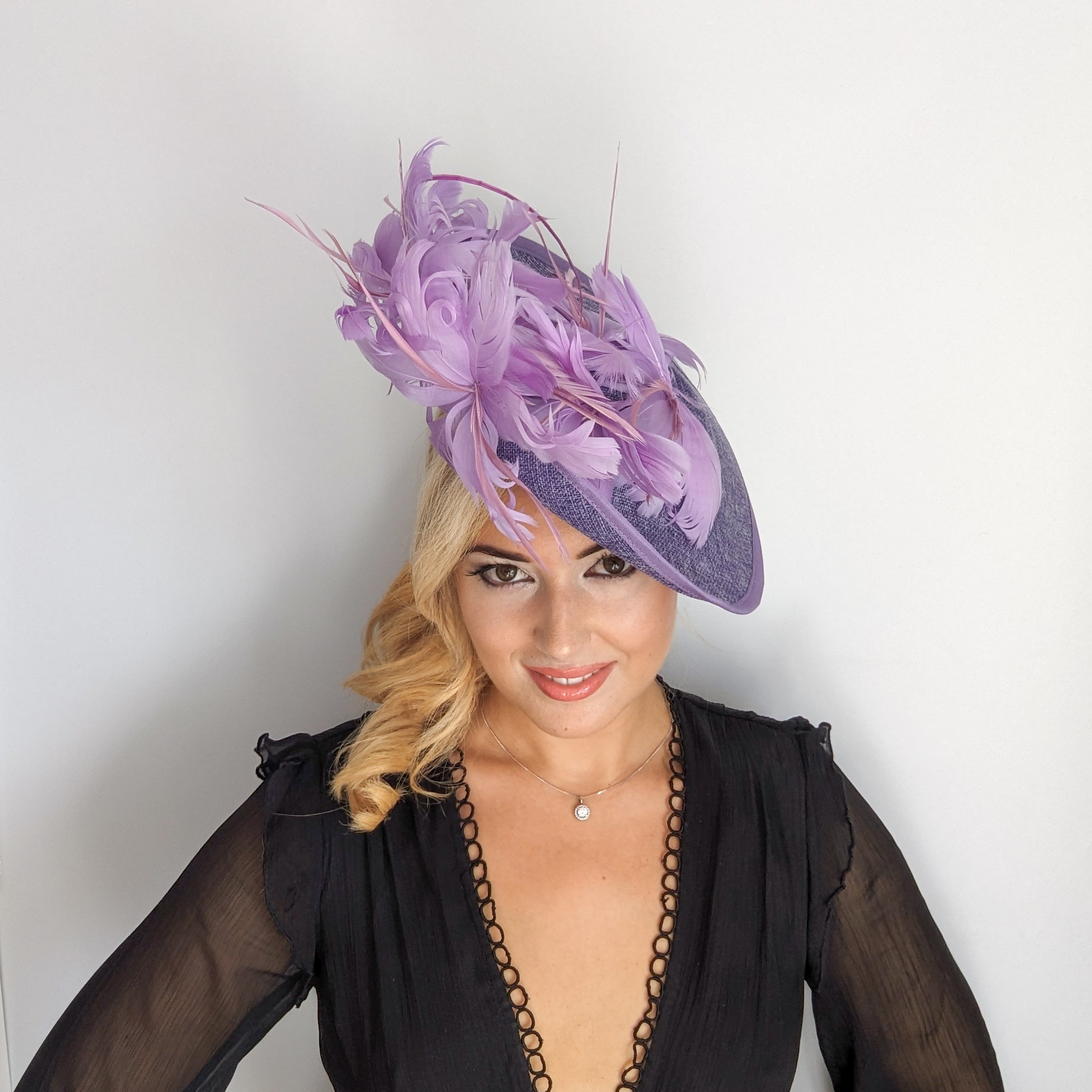 Lavender purple and lilac feather large saucer disc fascinator hat