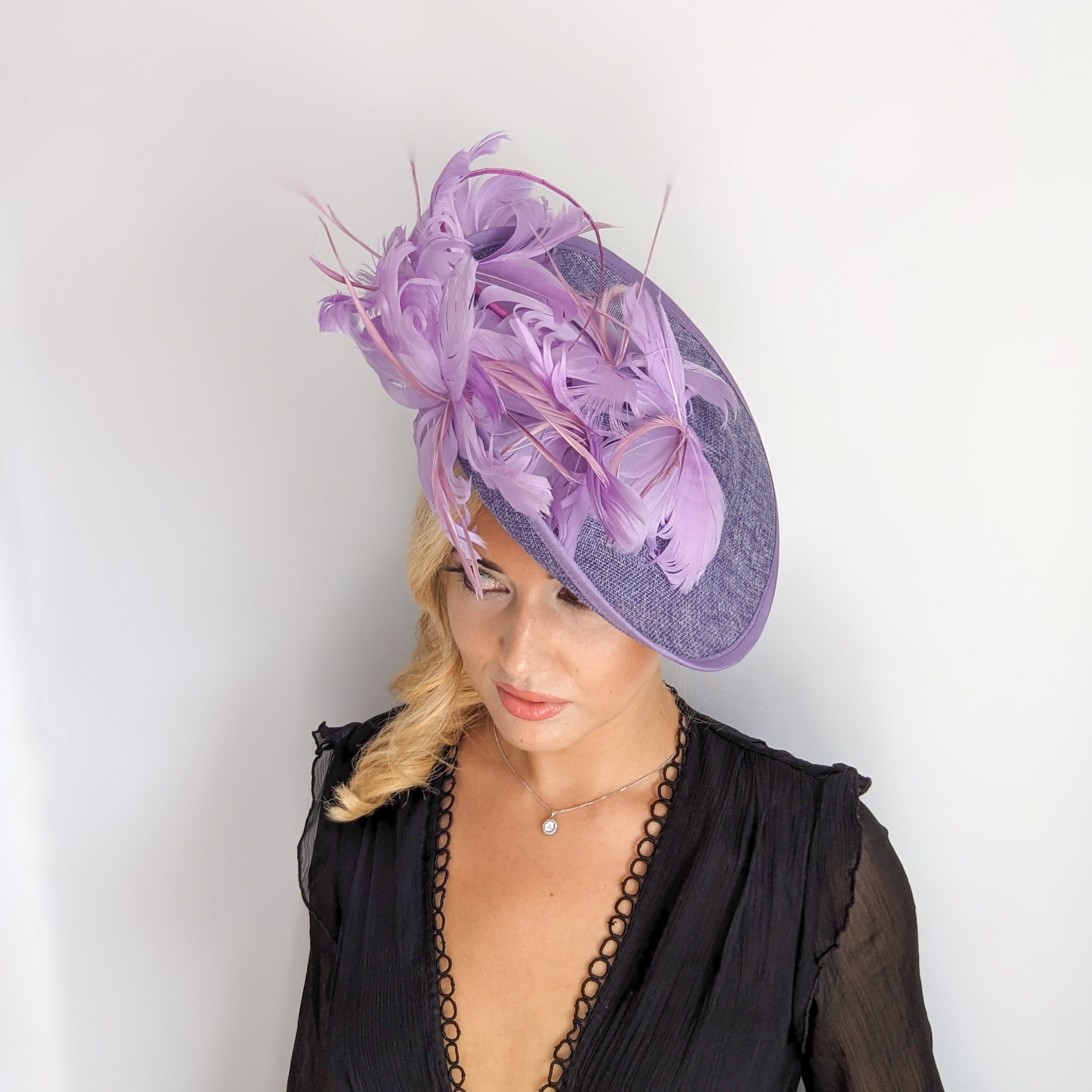 Lavender purple and lilac feather large saucer disc fascinator hat