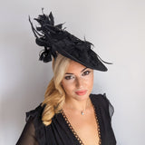 Black feather large saucer disc fascinator hat