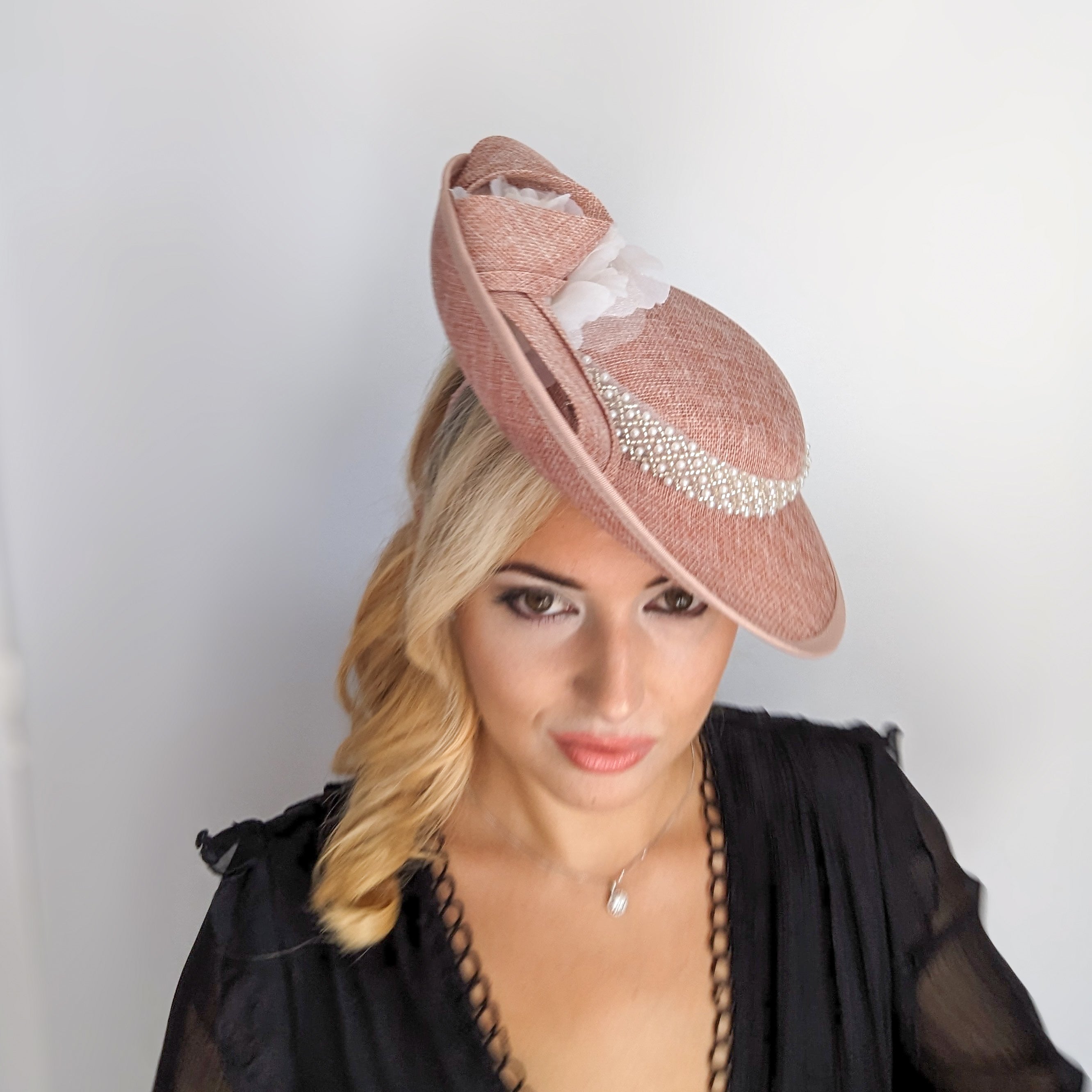 Blush pink beaded large flower saucer disc fascinator hat