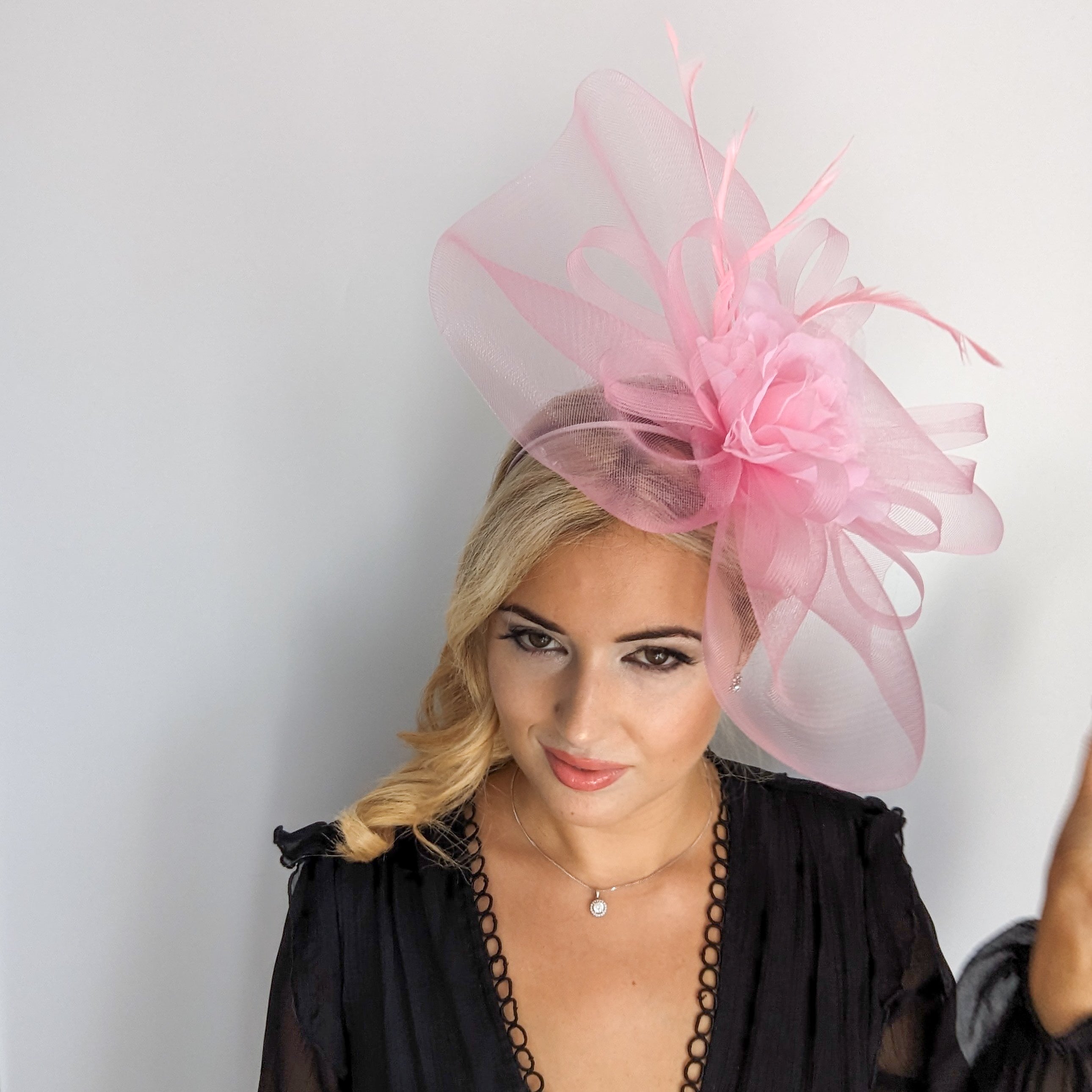 Candy pink large flower feather crin fascinator hat