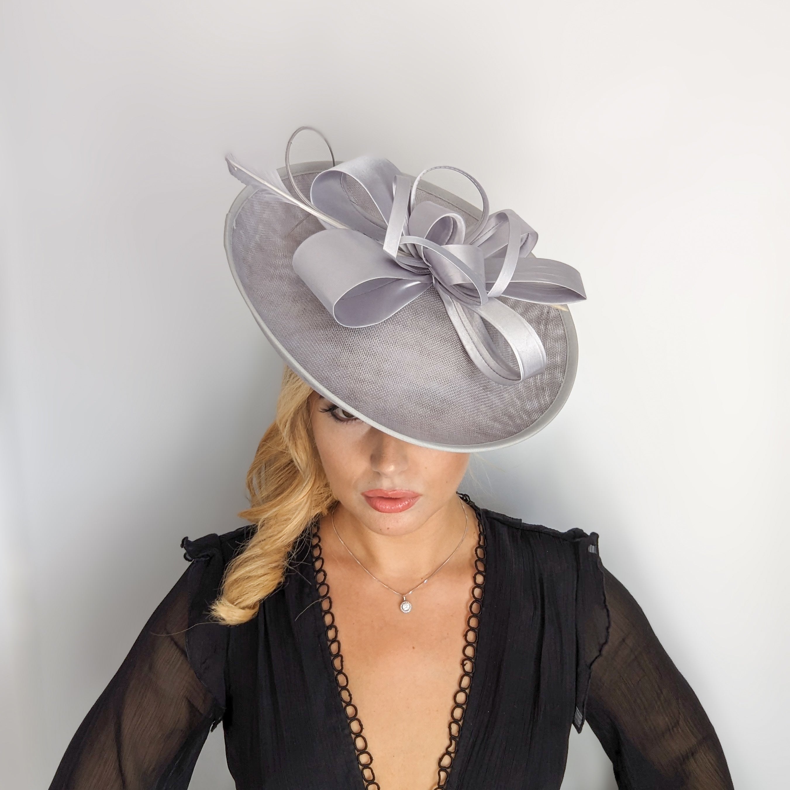 Silver feather large saucer disc fascinator hat