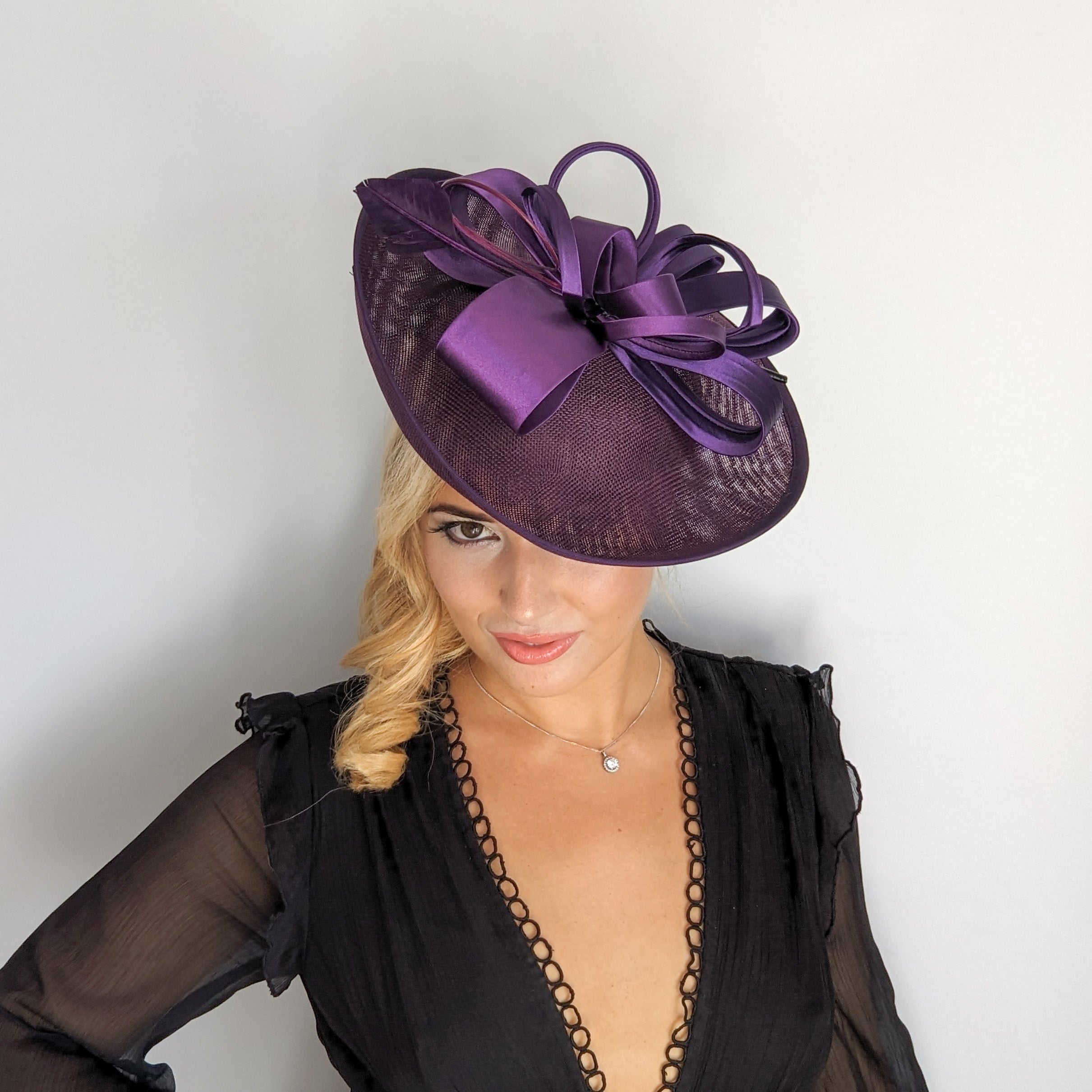 Dark aubergine purple feather large saucer disc fascinator hat