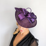 Dark aubergine purple feather large saucer disc fascinator hat