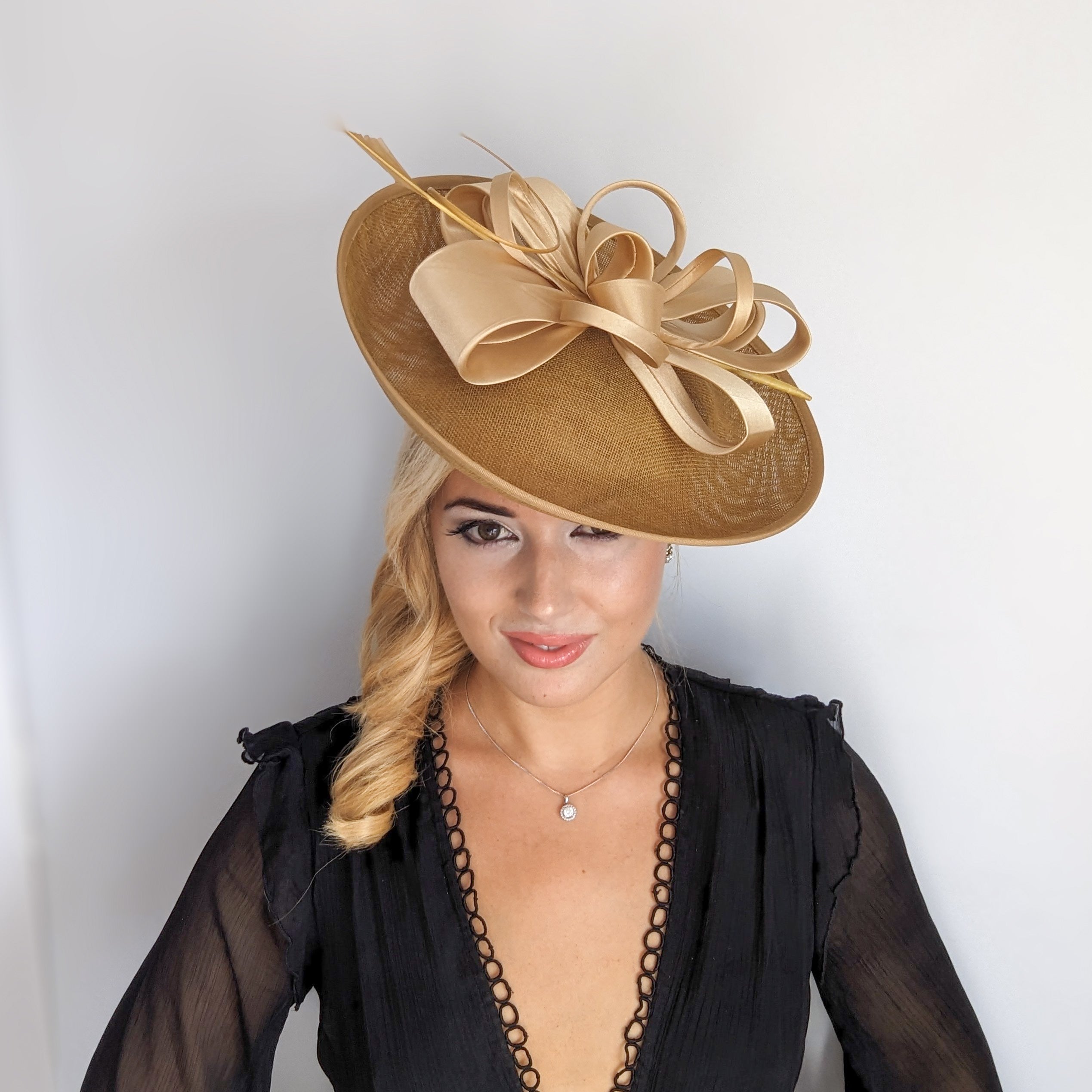 Gold feather large saucer disc fascinator hat