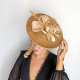 Gold feather large saucer disc fascinator hat