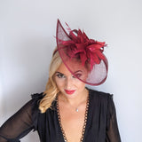 Burgundy feather large teardrop fascinator hat