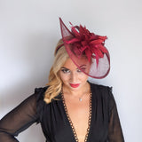 Burgundy feather large teardrop fascinator hat