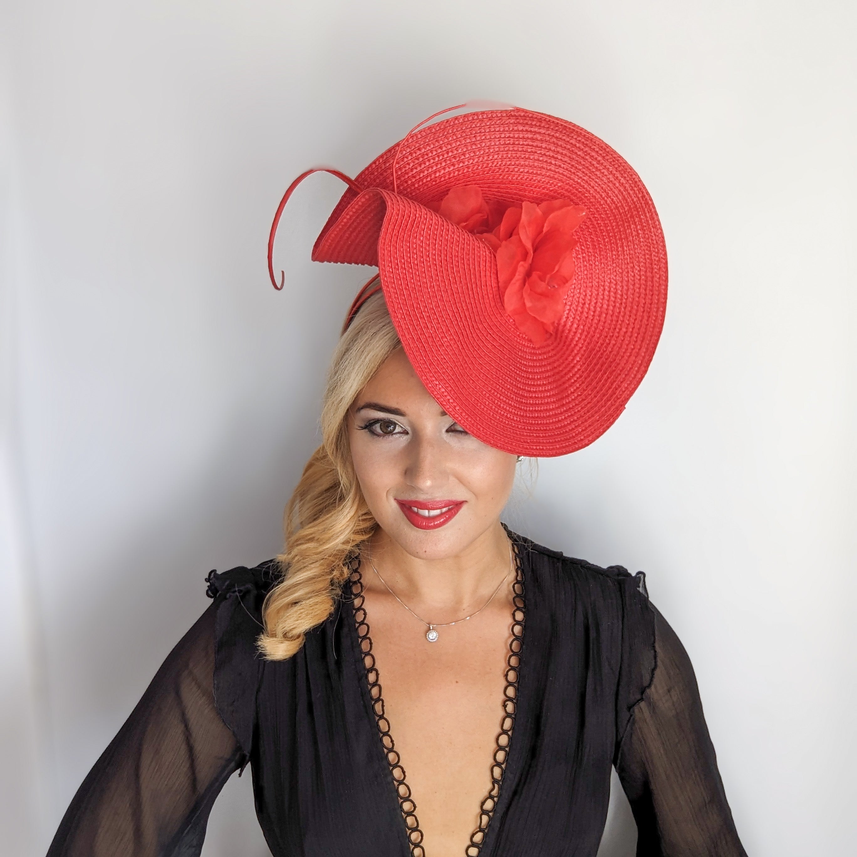 Red large woven straw flower fascinator hat