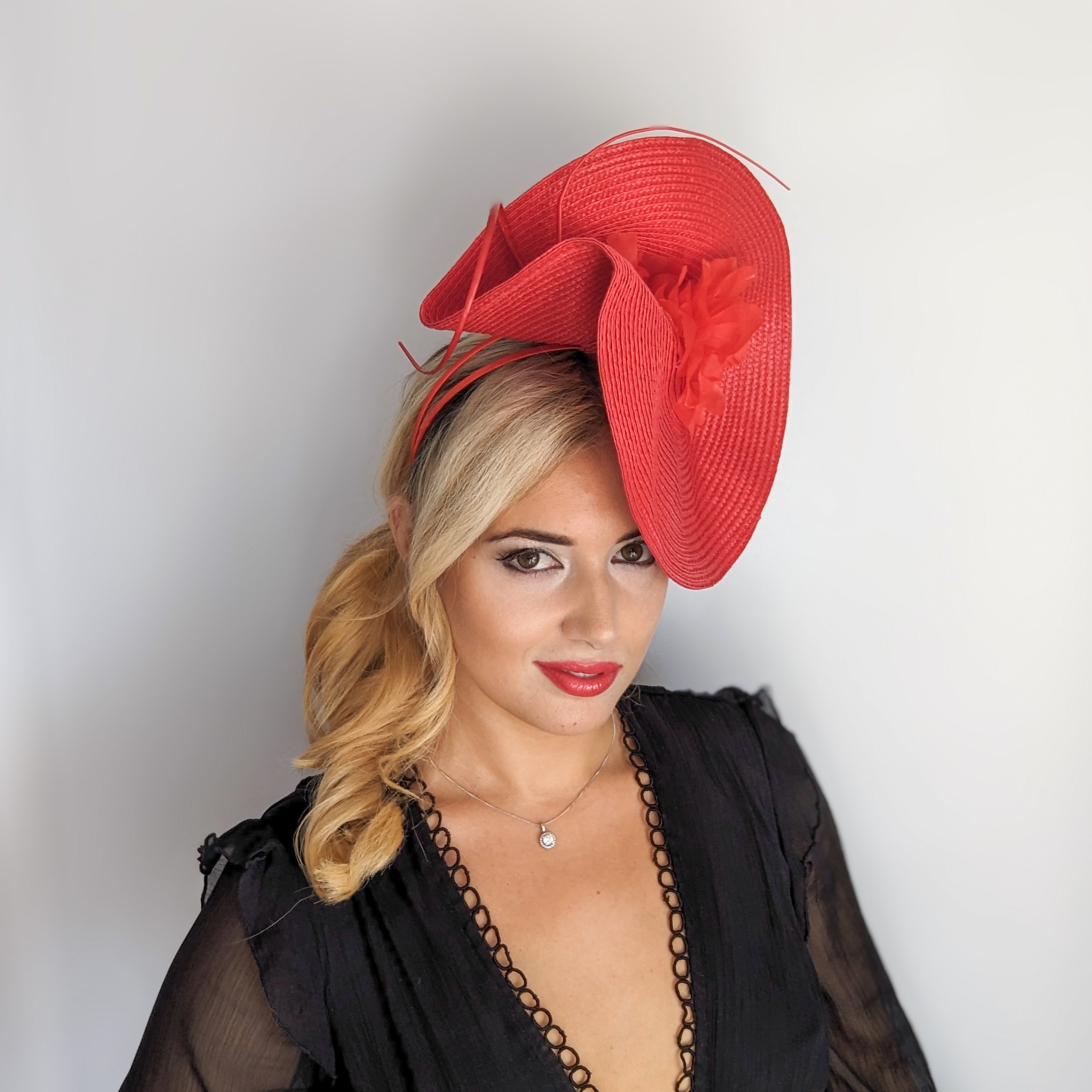 Red large woven straw flower fascinator hat