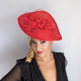 Red large teardrop flower feather fascinator hat