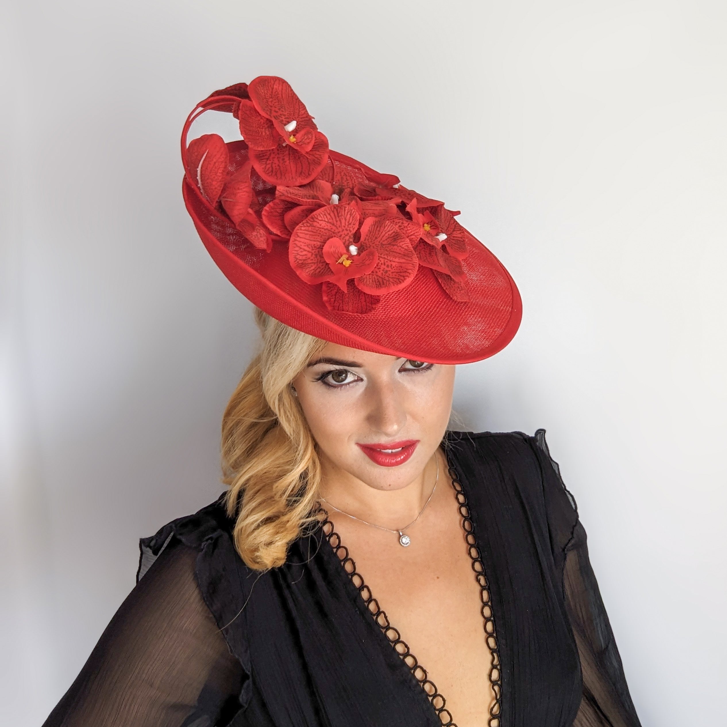 Red large orchid flower saucer disc fascinator hat