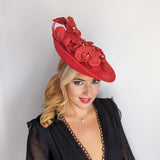 Red large orchid flower saucer disc fascinator hat