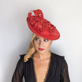 Red large orchid flower saucer disc fascinator hat