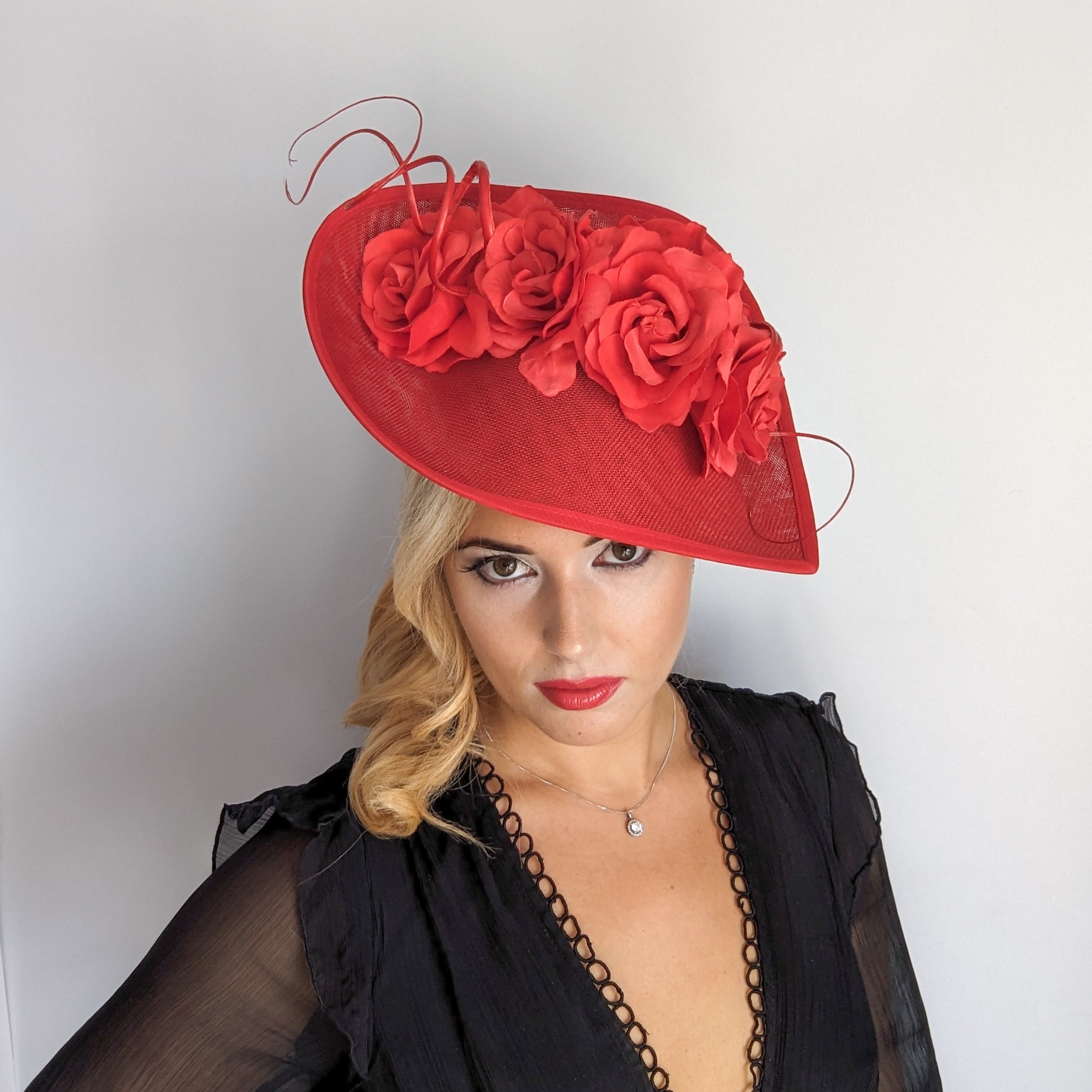 Red large teardrop rose flower fascinator hat