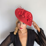 Red large teardrop rose flower fascinator hat