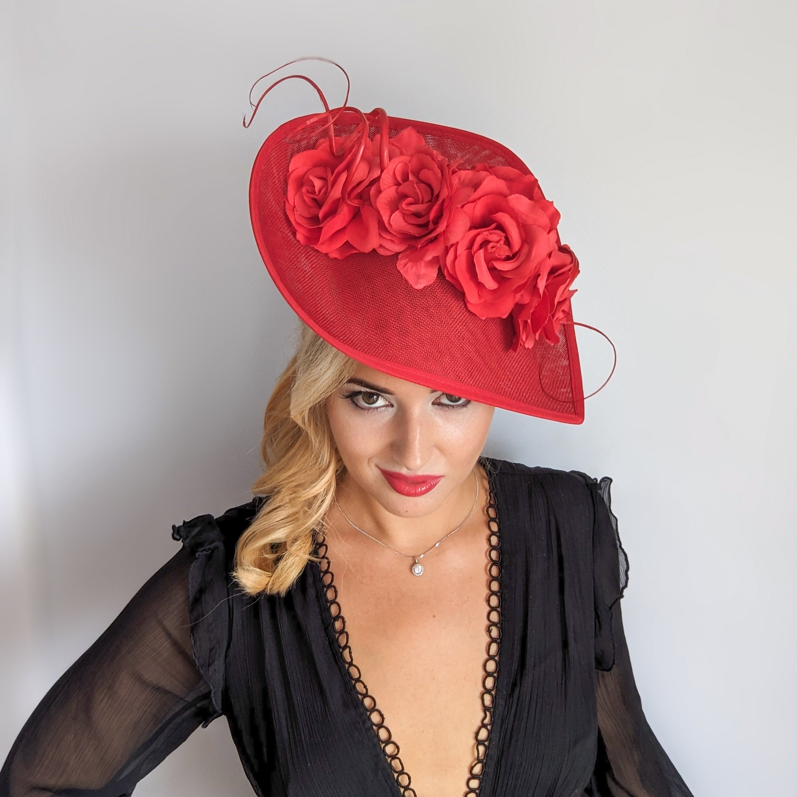 Red large teardrop rose flower fascinator hat