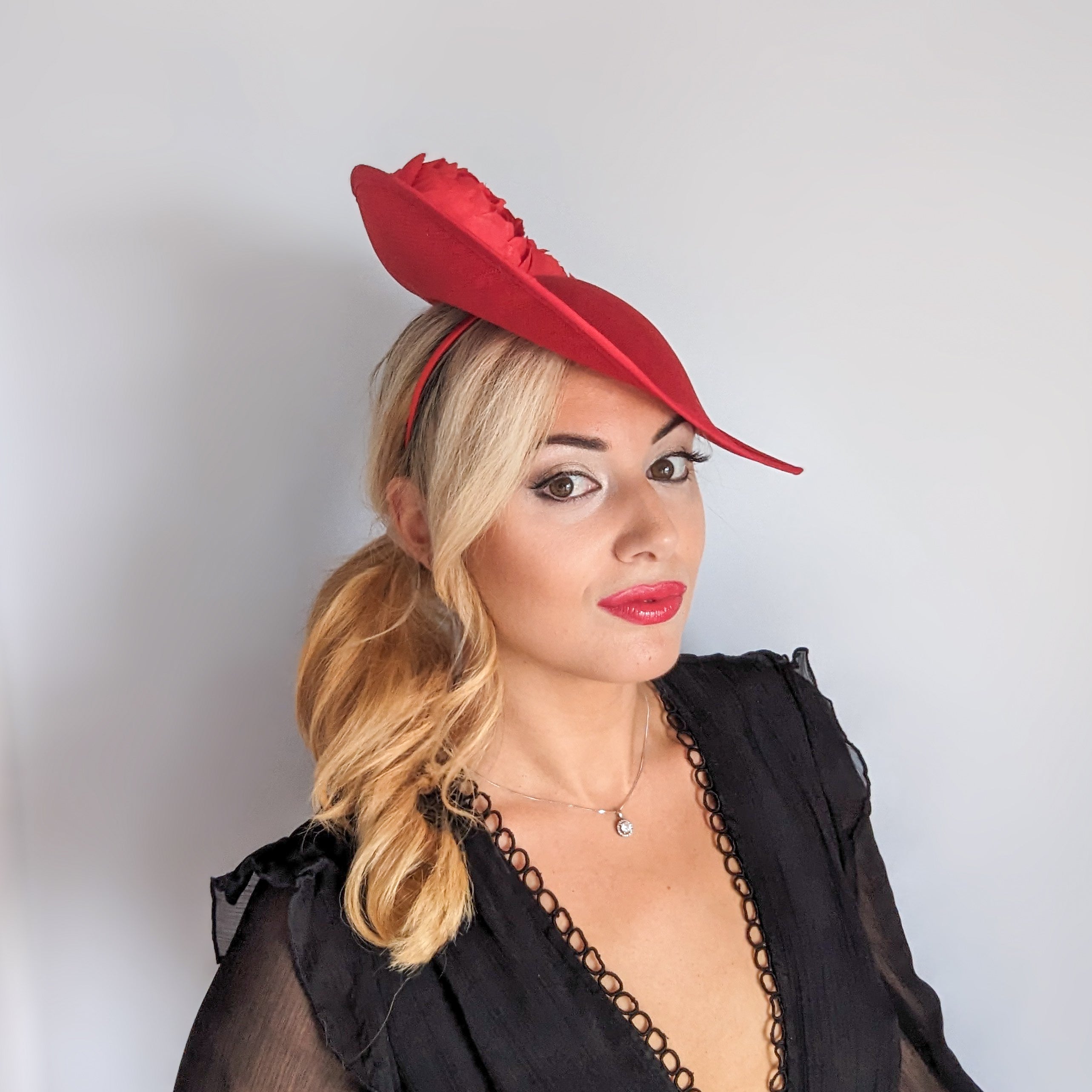 Red large teardrop peony flower fascinator hat