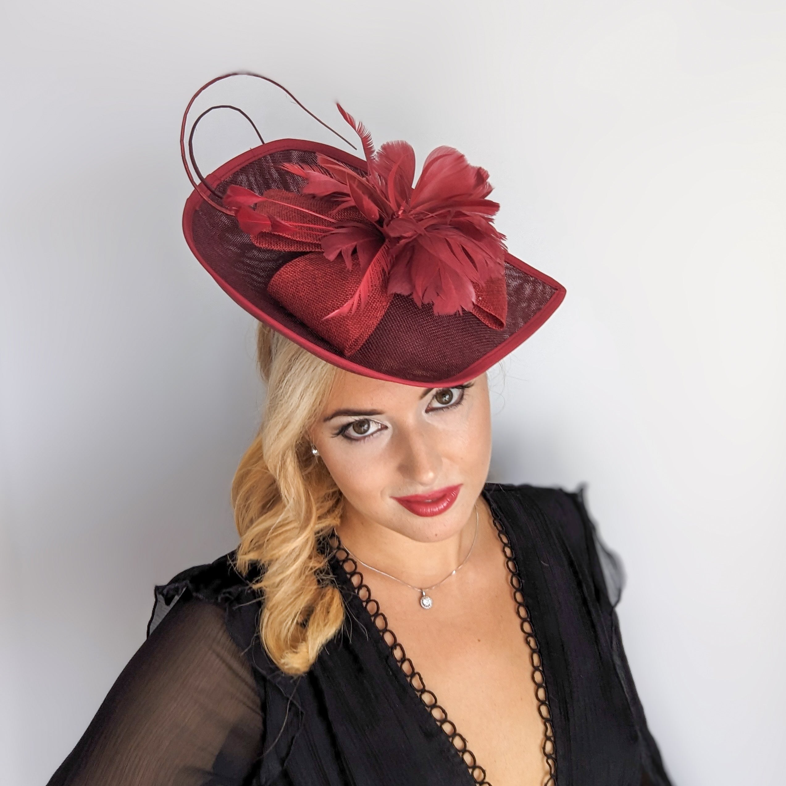 Burgundy large teardrop feather fascinator hat