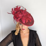 Burgundy feather large saucer disc fascinator hat