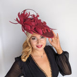 Burgundy feather large saucer disc fascinator hat