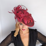 Burgundy feather large saucer disc fascinator hat