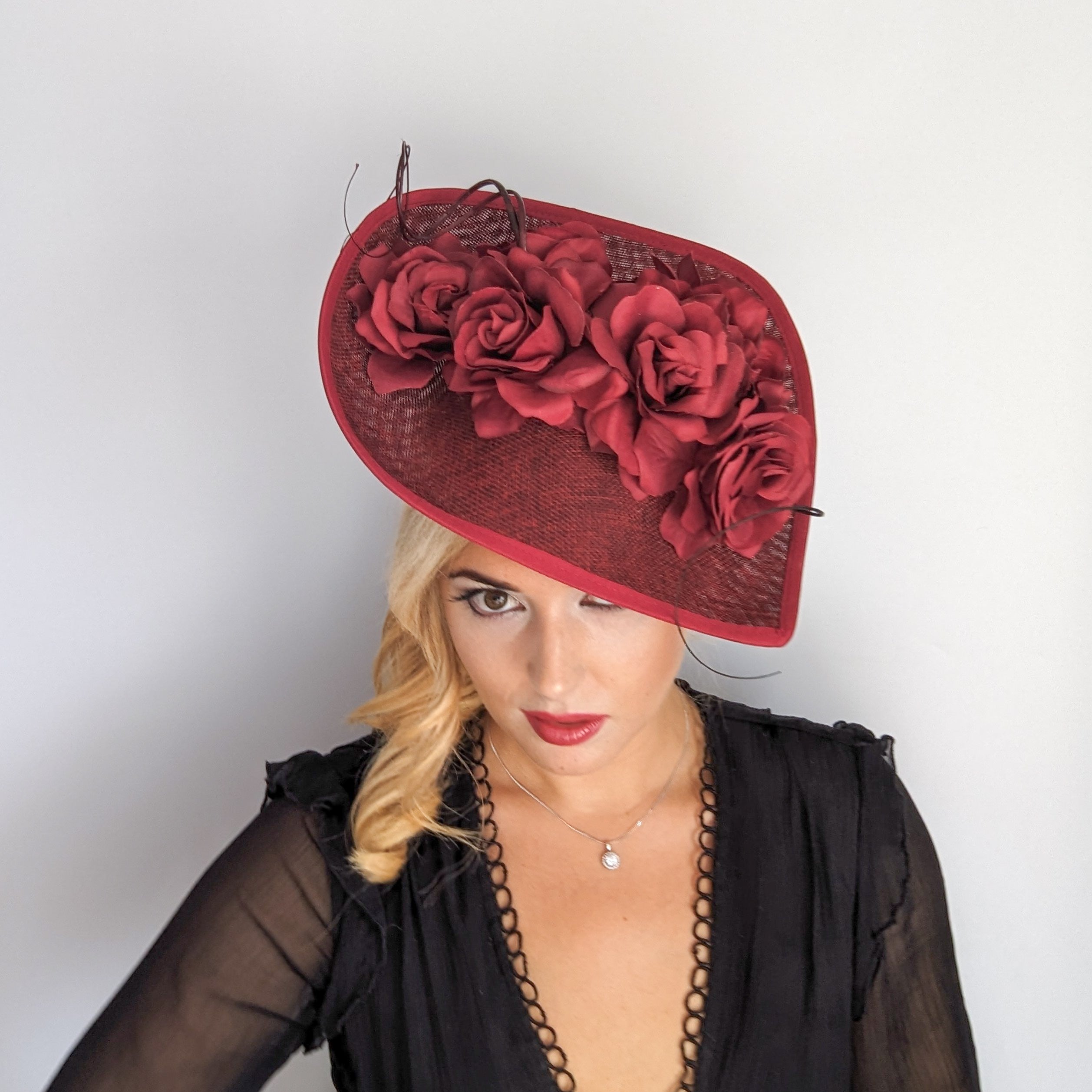 Burgundy large teardrop rose flower fascinator hat