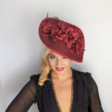 Burgundy large teardrop rose flower fascinator hat