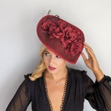 Burgundy large teardrop rose flower fascinator hat